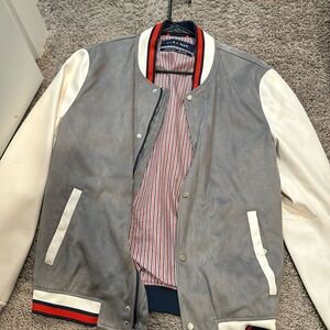 Men’s zara gray, white, red and blue varsity Bomber jacket size large